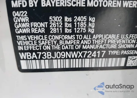 2022 BMW 540 I xDrive z USA, uszkodzony, nr VIN WBA73BJ09NWX72417